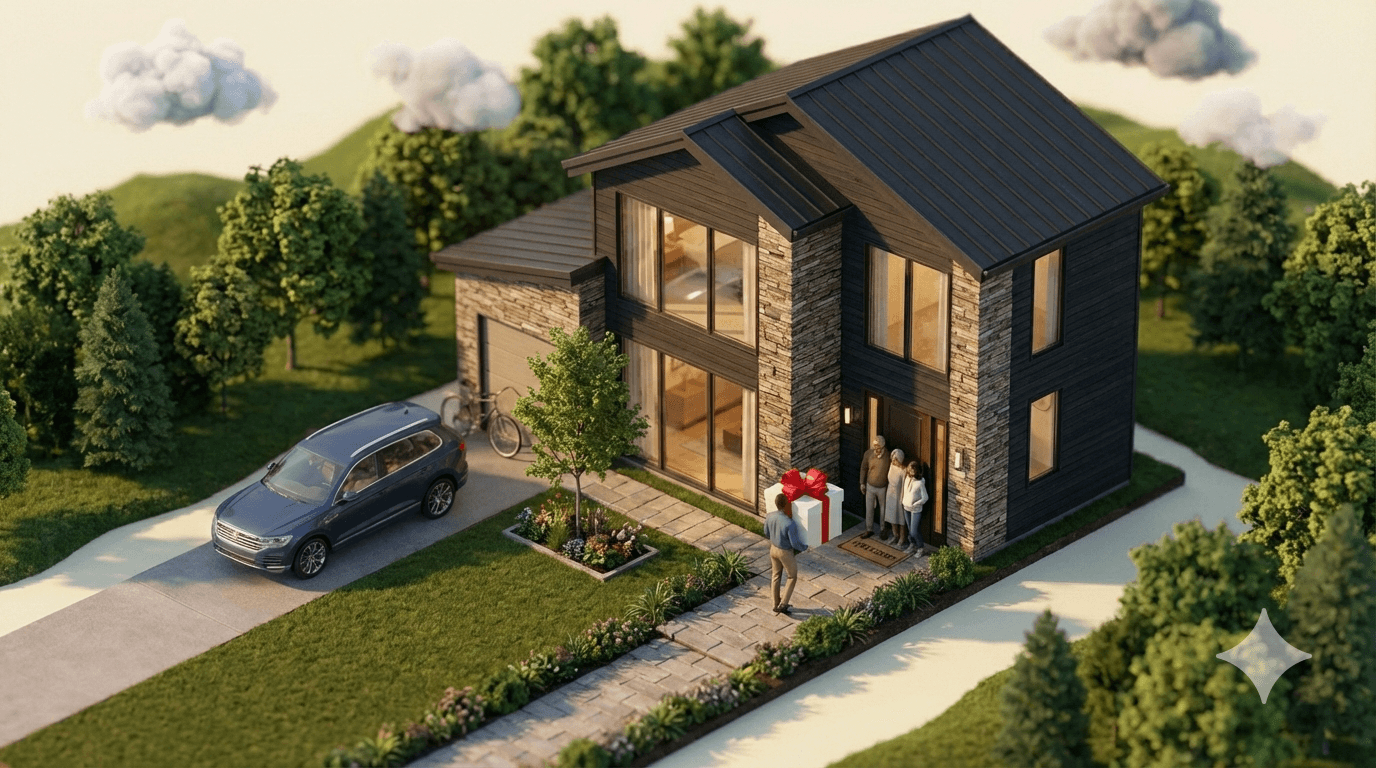 Realtor visiting a settled family with a gift