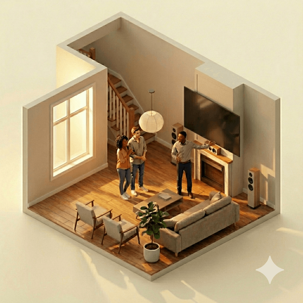 Realtor walking a young couple through their new home